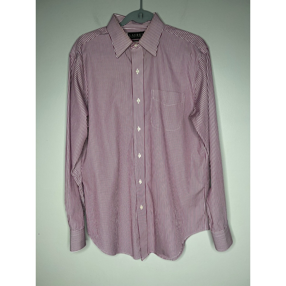 Lauren Ralph Lauren Mens Striped Non Iron Dress Shirt 15.5 34/35 Burgundy White